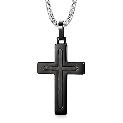 Holizaly Men's Cross Necklace 316L Stainless Steel Pendant White/Gold/Black/Blue Rolo Chain-Gift Box Included - color: black