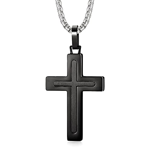 Holizaly Men's Cross Necklace 316L Stainless Steel Pendant White/Gold/Black/Blue Rolo Chain-Gift Box Included - color: black