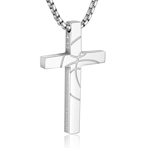 Basketball Cross Necklace for Boys Men - color: Silver, style: 4:13 I can do all things
