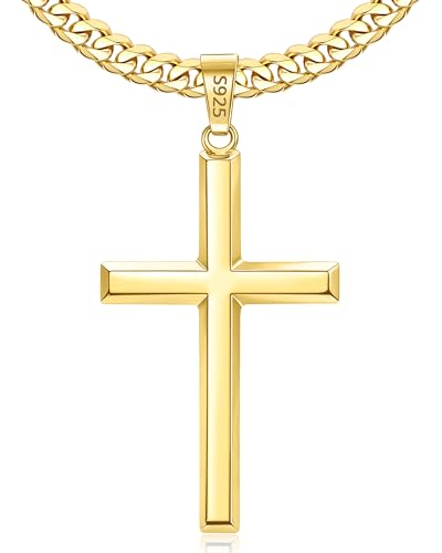 Jewlpire 925 Sterling Silver Cross Necklace for Men, 18k Gold Plated Sterling Silver Cross Necklace with 5mm Stainless Steel Cuban Link Chain for Men, 18 20 22 24 26 Inch - color: Gold Cross Pendant