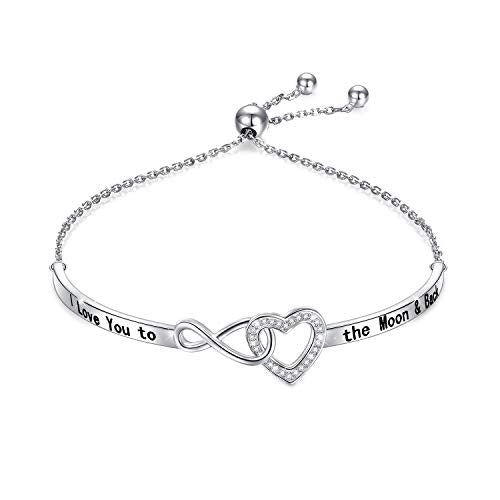 YinShan 925 Sterling Silver Heart Infinity Inspirational Bracelet Engraved Always My Sister/Daughter, Forever My Friend Adjustable Sisters Bracelets Friendship Jewelry for Women - style: I love you to the moon and back