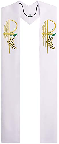 IvyRobes Overlay Clergy Stole With Chi Rho Embroidered 90" Long-4 Colors Available - color: White
