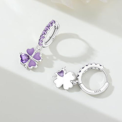 925 Sterling Silver Drop & Dangle Earrings for Women,Butterfly Dragonfly and Bee|Flower and leaf Earrings, Suitable for Sensitive Ears Fashion Jewelry Gift- Hypoallergenic Earrings - color: Purple Clover
