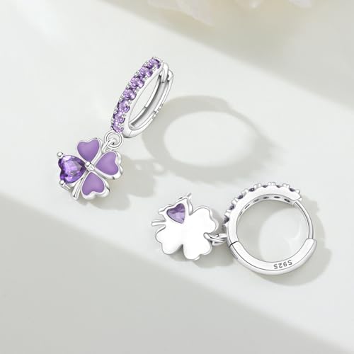 925 Sterling Silver Drop & Dangle Earrings for Women,Butterfly Dragonfly and Bee|Flower and leaf Earrings, Suitable for Sensitive Ears Fashion Jewelry Gift- Hypoallergenic Earrings - color: Purple Clover