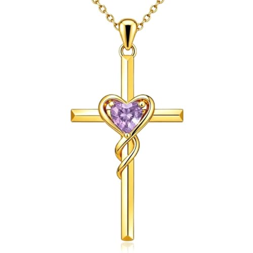 Birthstone Cross Necklace for Women 14K Gold Plated Heart Infinity Cross Pendant Necklace Christian Religious Jewelry Anniversary Birthday Gifts for Wife Mom Her - color: June/Lavender
