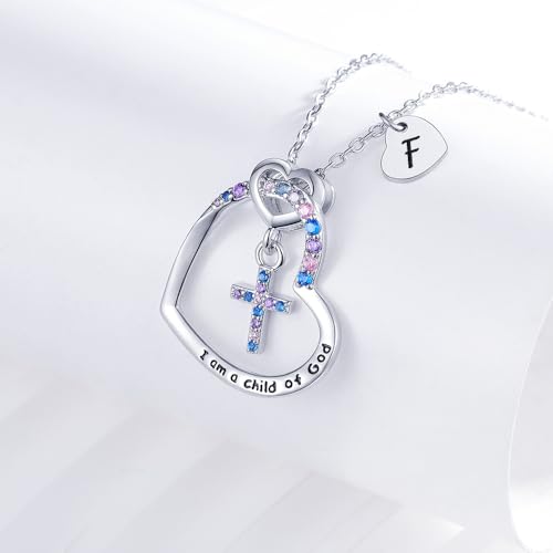 Cross Necklace for Girls | I am a child of God Necklace for Girls | Heart Letter initial | 18K White Gold Plated Pendant Jewelry First Communion Baptism Gifts Christmas Birthday Gifts for Girl Women - color: F