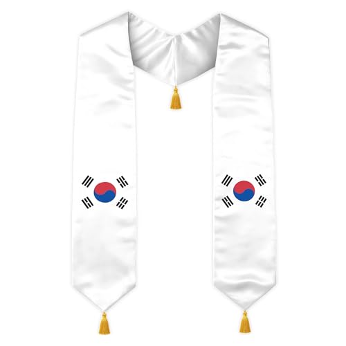 Graduation Stole Country Flag Grad Sash with Gold Tassels - 72 Inch V-Neck Satin Stoles for 2026 Graduate - color: South Korea Stole