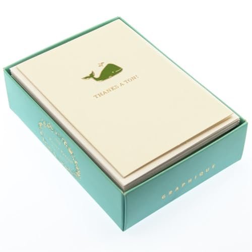 Graphique Whale La Petite Presse Boxed Notecards - 10 Elegant Embossed Green Whale Thanks a Ton! Thank You Cards with Matching Envelopes, 3.25" x 4.75" - color: Whale