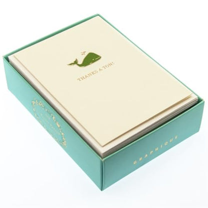 Graphique Whale La Petite Presse Boxed Notecards - 10 Elegant Embossed Green Whale Thanks a Ton! Thank You Cards with Matching Envelopes, 3.25" x 4.75" - color: Whale