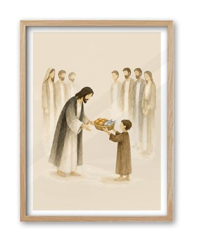 iHery 12x16in Jesus Feeds the 5000 Framed Christian Wall Art - color: OAK Framed Feeds, size: 16"L x 12"W