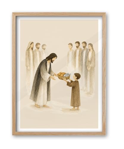 iHery 16x20in Jesus Feeds the 5000 Framed Christian Wall Art - color: OAK Framed Feeds, size: 20"L x 16"W