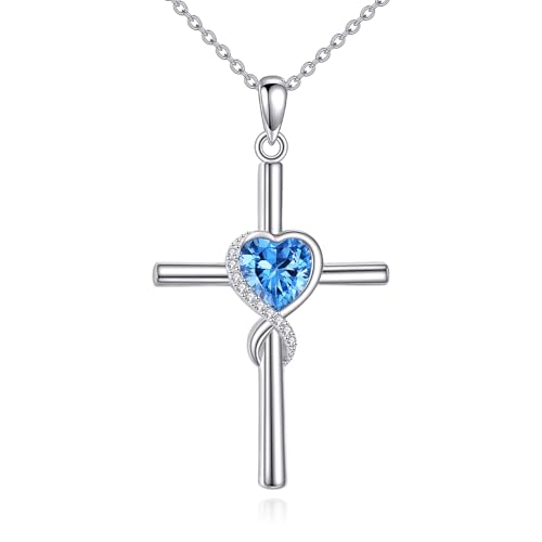 S925 Sterling Silver Cross Necklace for Women Birthstone Necklace Heart Infinity Cross Pendant Necklace Christmas Valentines Day Gifts Birthday Holiday Gifts for Her, 18"+2" Inches - color: 12-Dec Birthstone - Blue Topaz