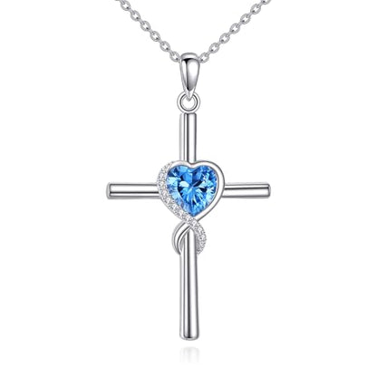 S925 Sterling Silver Cross Necklace for Women Birthstone Necklace Heart Infinity Cross Pendant Necklace Christmas Valentines Day Gifts Birthday Holiday Gifts for Her, 18"+2" Inches - color: 12-Dec Birthstone - Blue Topaz