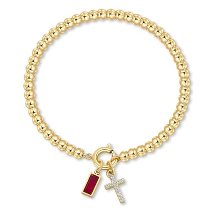 Korotho Cross Birthstone Bracelet for Women - Dainty Elastic 14K Gold Plated Bead Bracelets Trendy Waterproof Non Tarnish Birthday Jewelry Gifts Birthday Christmas Stocking Stuffer for Mom Friends - color: 01-January(Garnet)