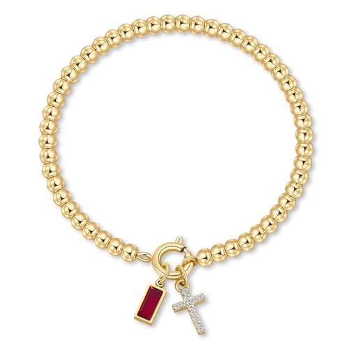 Korotho Cross Birthstone Bracelet for Women - Dainty Elastic 14K Gold Plated Bead Bracelets Trendy Waterproof Non Tarnish Birthday Jewelry Gifts Birthday Christmas Stocking Stuffer for Mom Friends - color: 01-January(Garnet)