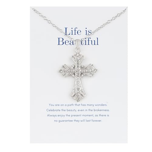 Alilang Silvery Tone Celtic Cross Pendant Necklace with Religious Message Card & Envelope Christian Jewelry - style: Life is Beautiful