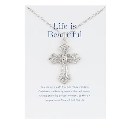 Alilang Silvery Tone Celtic Cross Pendant Necklace with Religious Message Card & Envelope Christian Jewelry - style: Life is Beautiful
