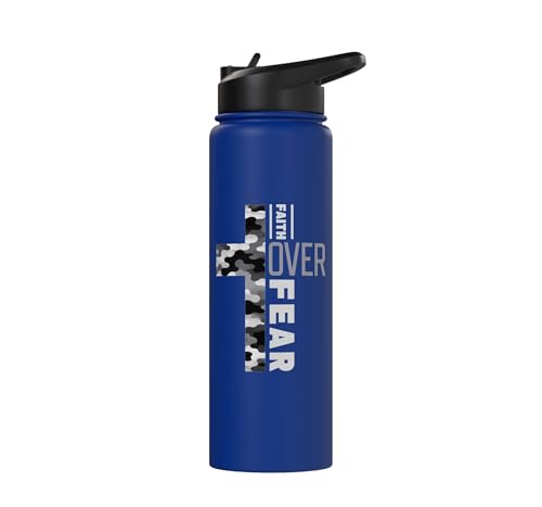 Faith Over Fear Christian Camo Cross Religious Bible Verse Stainless Steel Insulated Water Bottle - color: Royal Blue