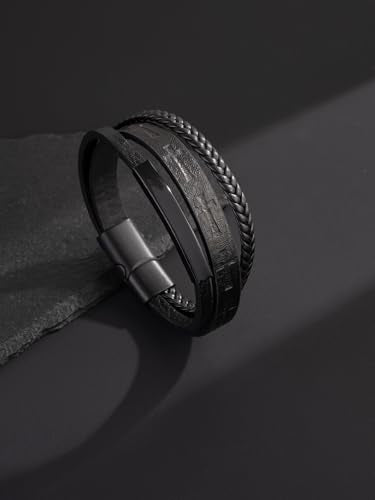 Mens Leather Cross Bracelet Multilayer Braided Wristband Bangle Bracelets with Stainless Steel Buckle Religious Gift for Men Brown/Black/Blue–8.3 inch - color: Black-2, size: 8.3in(Fits most wrists)