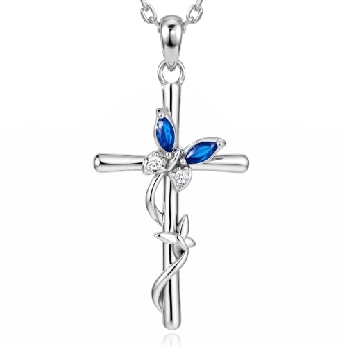 Distance Cross Necklace for Women 925 Sterling Silver Jewelry Pendant Necklace for Mom Wife Gift for Mother's Day or Birthday - style: 09-Sapphire