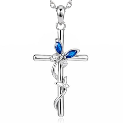 Distance Cross Necklace for Women 925 Sterling Silver Jewelry Pendant Necklace for Mom Wife Gift for Mother's Day or Birthday - style: 09-Sapphire