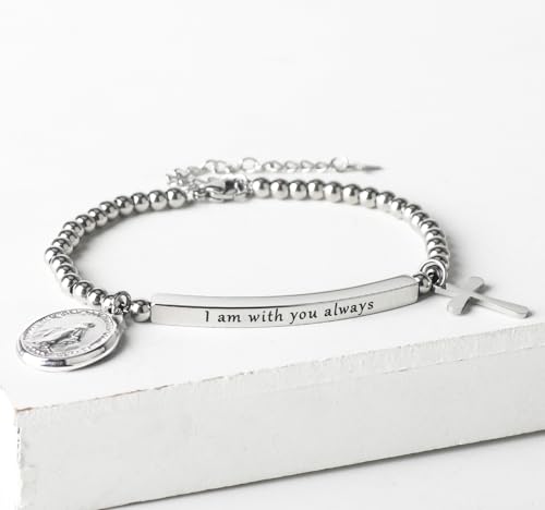 DS Women Christian Charm Bracelet,Cross Scripture Stainless Steel Jewelry - style: I am with you always-Silver