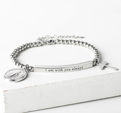DS Women Christian Charm Bracelet,Cross Scripture Stainless Steel Jewelry - style: I am with you always-Silver