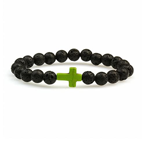 FORUBUS Lava Rock Stone Beaded Bracelet, Cross Charm Natural Volcanic Stone beads Turquoise Stretch Bracelet for Women Men Religion Jewelry Pray Baptism Gift - color: 1pcs green