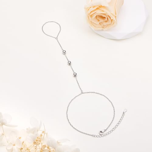 S925 Sterling Silver Finger Ring Bracelet Hand Adjustable Chain for Women - style: Beads Chain