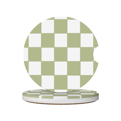 Green White Checkered Buffalo Plaid Car Coasters for Cup Holder - Absorbent Ceramic 2 Pack With Anti-Slip Cork Base and Finger Notch - Interior Accessories for Women Men 2.56" - color: Green White Checkered Buffalo Plaid