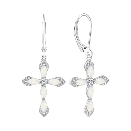 Birthstone Cross Earrings for Women 925 Sterling Silver - color: 10 October - Opal