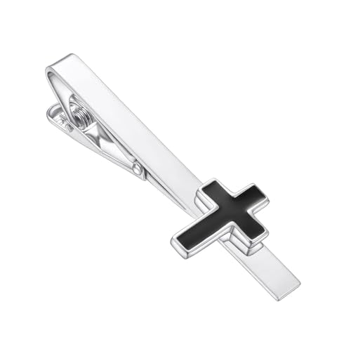 Silver Gold Cross Tie Clip for Men CZ Mother of Pearl Oil Drip Tie Bar Clip Personalized - color: silver