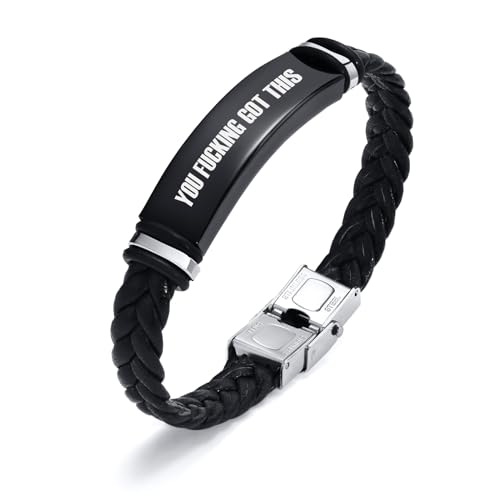 Leather Bracelet Sobriety Gifts for Men : Inspirational Quote/Bible Verse Engraved Braided Black Mens Bracelet for Him, Customized Religious Christian Gift Jewelry for Son/Dad/Boys/Boyfriend/Husband - style: 16:you fuking got this