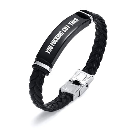 Leather Bracelet Sobriety Gifts for Men : Inspirational Quote/Bible Verse Engraved Braided Black Mens Bracelet for Him, Customized Religious Christian Gift Jewelry for Son/Dad/Boys/Boyfriend/Husband - style: 16:you fuking got this
