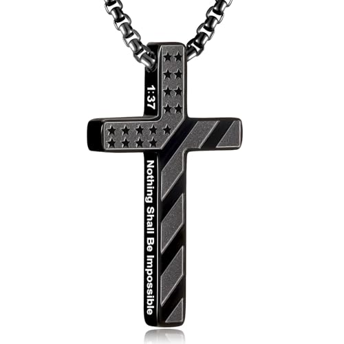 RWQIAN American Flag Cross Necklace for Men,Stainless Steel Bible Verse Cross Pendant Mens Chain,Crucifix Necklace for Christians Teen Baptism Gift Ideas Catholic Men Cool Stuff Personalized Gifts - color: Black, style: Luke 1:37