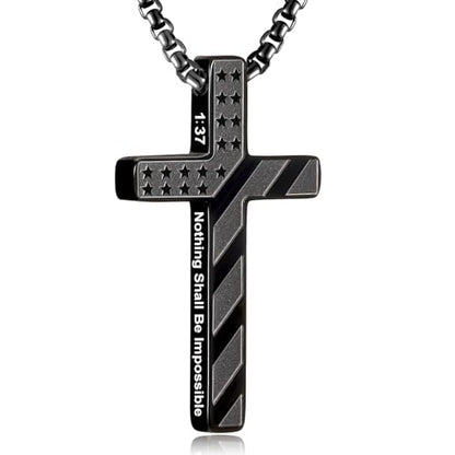 RWQIAN American Flag Cross Necklace for Men,Stainless Steel Bible Verse Cross Pendant Mens Chain,Crucifix Necklace for Christians Teen Baptism Gift Ideas Catholic Men Cool Stuff Personalized Gifts - color: Black, style: Luke 1:37