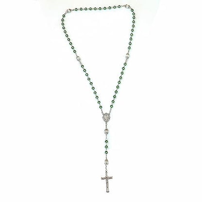 Nazareth Store Pearl Beads Rosary White Our Father Beaded Necklace Lourdes Medal & Cross Crucifix Spiritual Devotion - color: Green