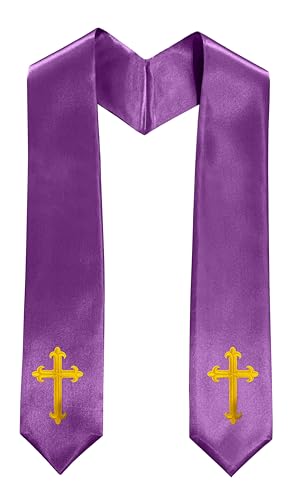 Priest White Stole 60 Inch Gold Cross Embroidery Church - color: Purple Stole + Gold Cross