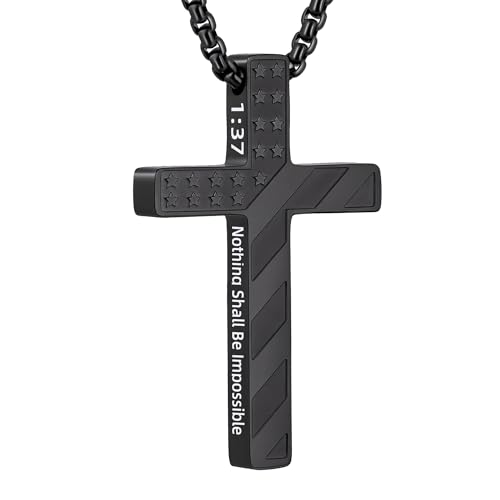 Cross Necklace for Men Black Gold Silver American Flag Pendant Chain Bible Verse Stainless Steel Necklaces Mens Stocking Stuffers for Christmas Christian Gifts - color: black, style: 1:37-