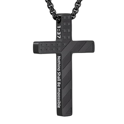 Cross Necklace for Men Black Gold Silver American Flag Pendant Chain Bible Verse Stainless Steel Necklaces Mens Stocking Stuffers for Christmas Christian Gifts - color: black, style: 1:37-