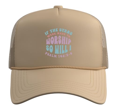 Christian Faith If Stars were Made to Worship Bible Verse Trucker Hat with Adjustable Mesh Back - color: Khaki