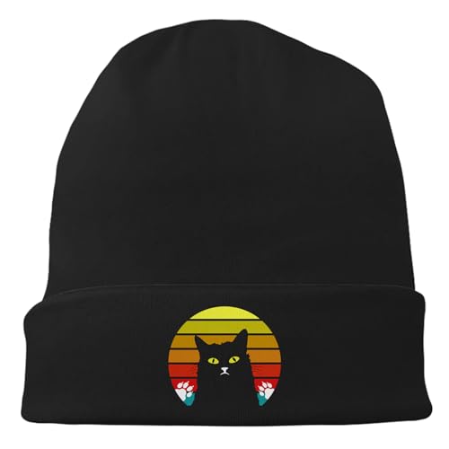 Black Flexible Classic Adult Beanie Cap for Men Women - Warm Knitted Hat for Winter, Chemo Cap Headwear - color: Cat