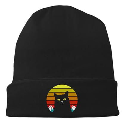 Black Flexible Classic Adult Beanie Cap for Men Women - Warm Knitted Hat for Winter, Chemo Cap Headwear - color: Cat