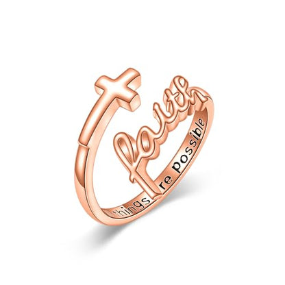 Cross Rings Faith Ring 925 Sterling Silver Adjustable Cross Wrap Ring Christian Fashion Band for Women - color: A-Rose Gold