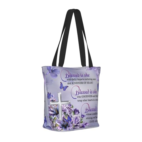 Tote Bag for Women，Everyday Carry Large Capacity Reusable Shopping Bag With Zipper For Groceries Work & Travel - color: Lila Schmetterling Blumen Kreuz