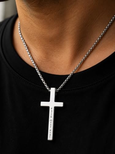 Engraved Cross Necklace for Men, Women & Boys & Girls Cross Necklace, Stainless Steel Cross Pendant Necklace, Faith & Inspiration Christian Jewelry Gift - color: Faith Over Fear
