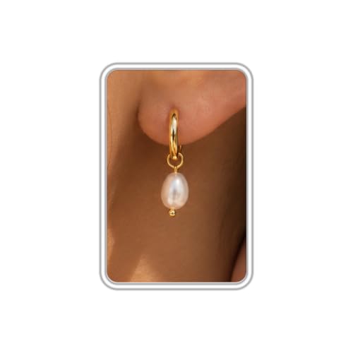 Dangle Earrings for Women, Dainty Huggie Hoop Dangle Earrings - color: Pearl 01 Dangle Gold