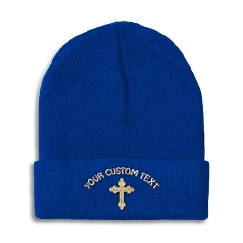Custom Beanies for Men Gold Outline Orthodox Cross Faith Jesus God Skull Cap Winter Hats Women One Size - color: Royal Blue Personalized Text Here