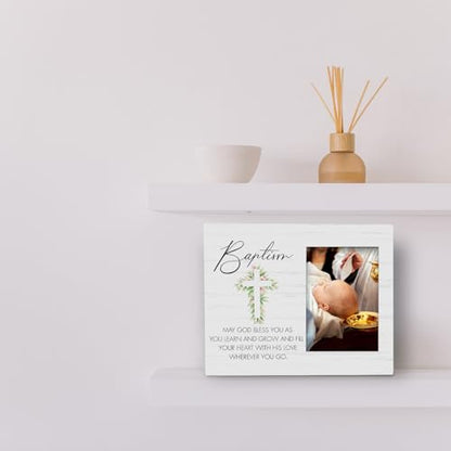 May God Bless You As You Learn And Grow- Baby Baptism Wooden Picture Frame, Gift from Godparents for Baby Shower, Christening Gifts from Godfather Godmother, for Tabletop or Wall Mounting (4x6 Inch Photo) - color: Baptism-3