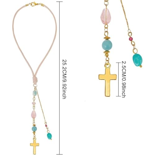 Cross Hanging Car Mirror Ornament Amazonite and Crystal Bead Charm Suncatcher Car Mirror Pendant Accessories Good Luck Keychain for Bag Window Cars Door Garden Balcony Home Decoration - color: Gold